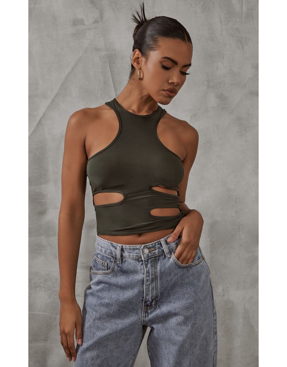 PRETTYLITTLETHING Khaki Sport Crop Top