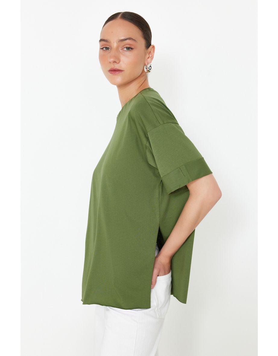 Khaki 100% Cotton Double Sleeve Asymmetrical Boyfriend Knitted T-Shirt - 7