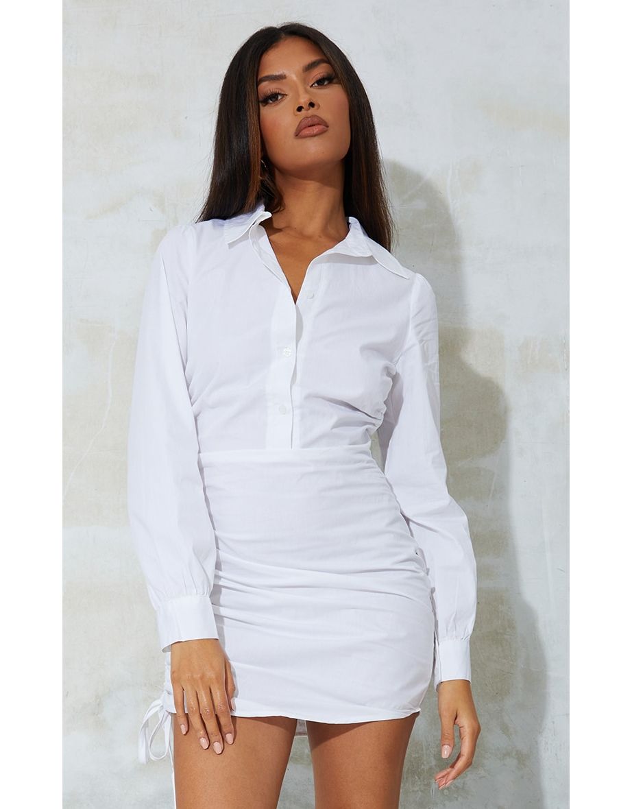 Shop Recycled White Ruched Side Fitted Shirt Dress Online in Saudi Arabia VogaCloset