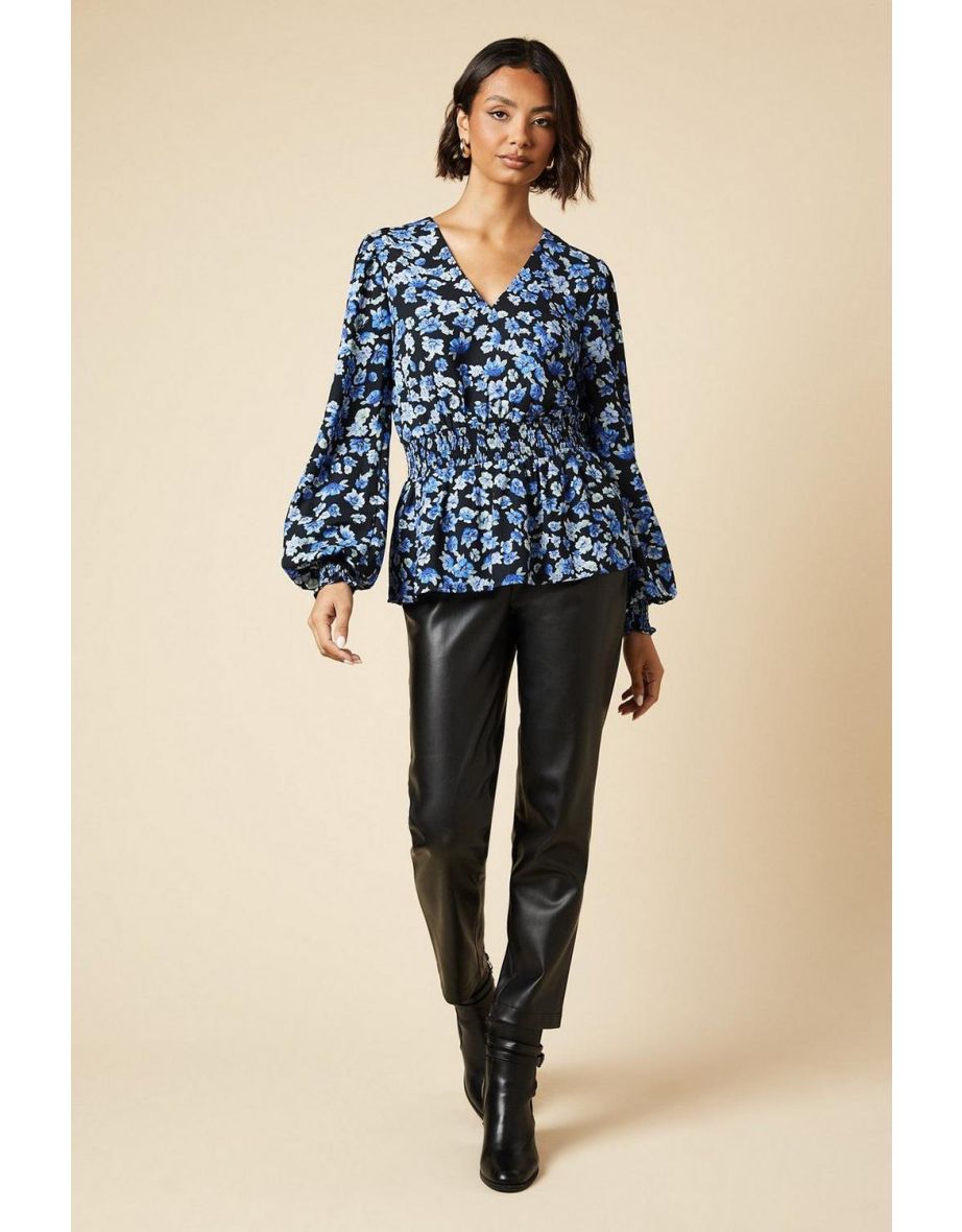 Tall Blue Floral V Neck Shirred Waist Blouse