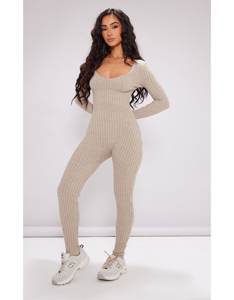 Shop Petite Marl Stone Long Sleeve Knitted Jumpsuit Online in Saudi Arabia VogaCloset