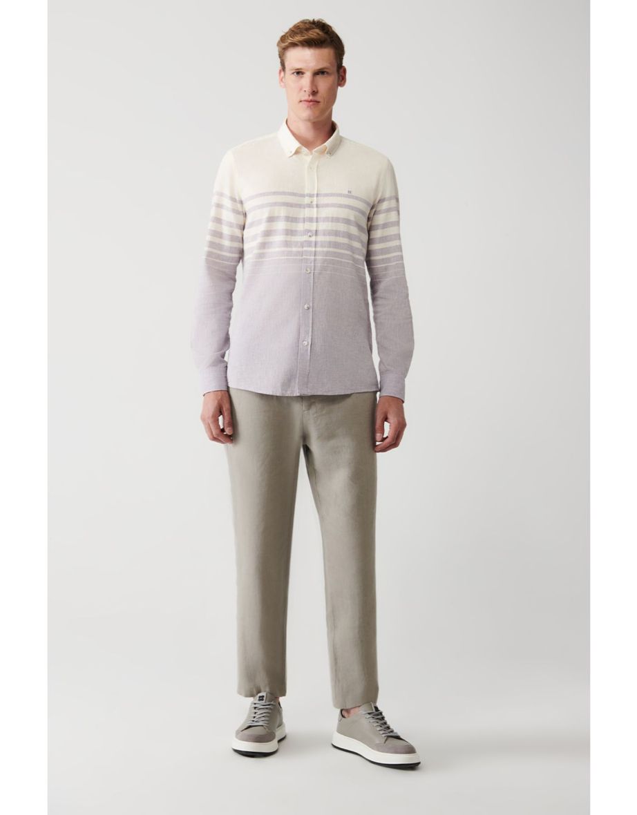 Men's Light Purple Cotton Linen Blended Striped Shirt