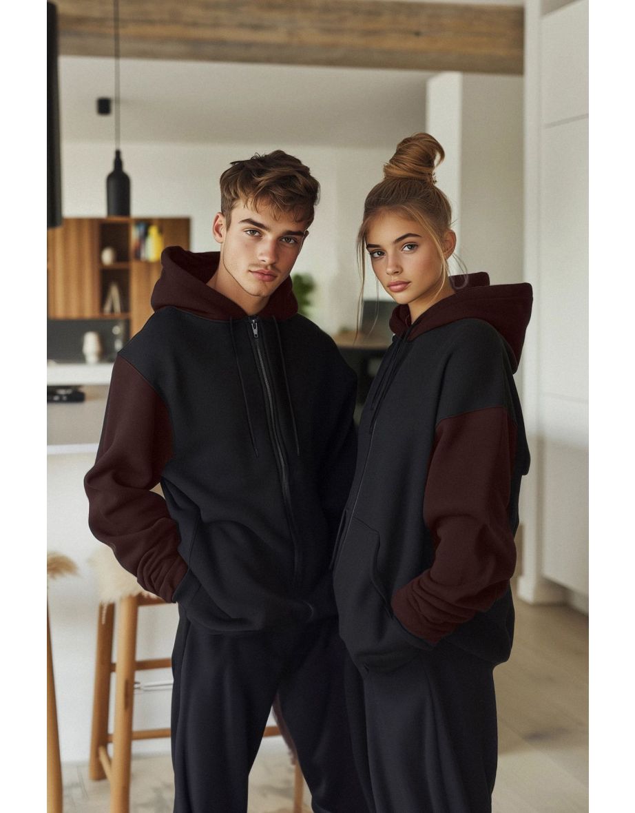 Black Oversize/Wide Cut Hooded Color Blocked Zippered Cardigan/Sweatshirt with Fleece Inside