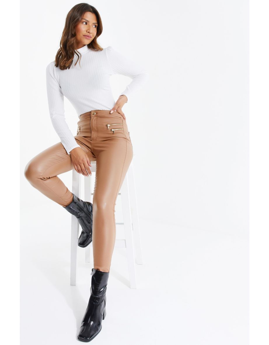 Cream Faux Leather Skinny Trousers