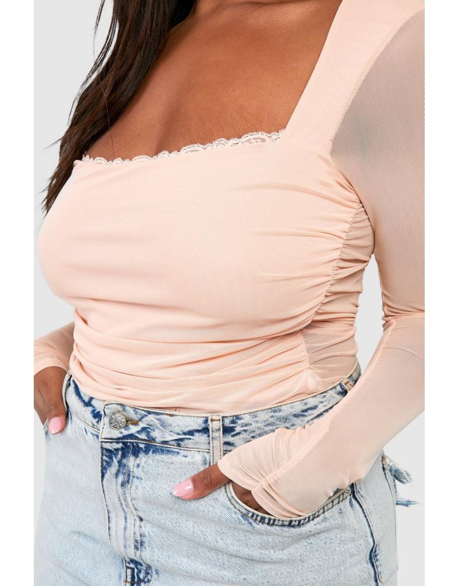 Plus Mesh Long Sleeve Lace Detail Bodysuit - blush - 3