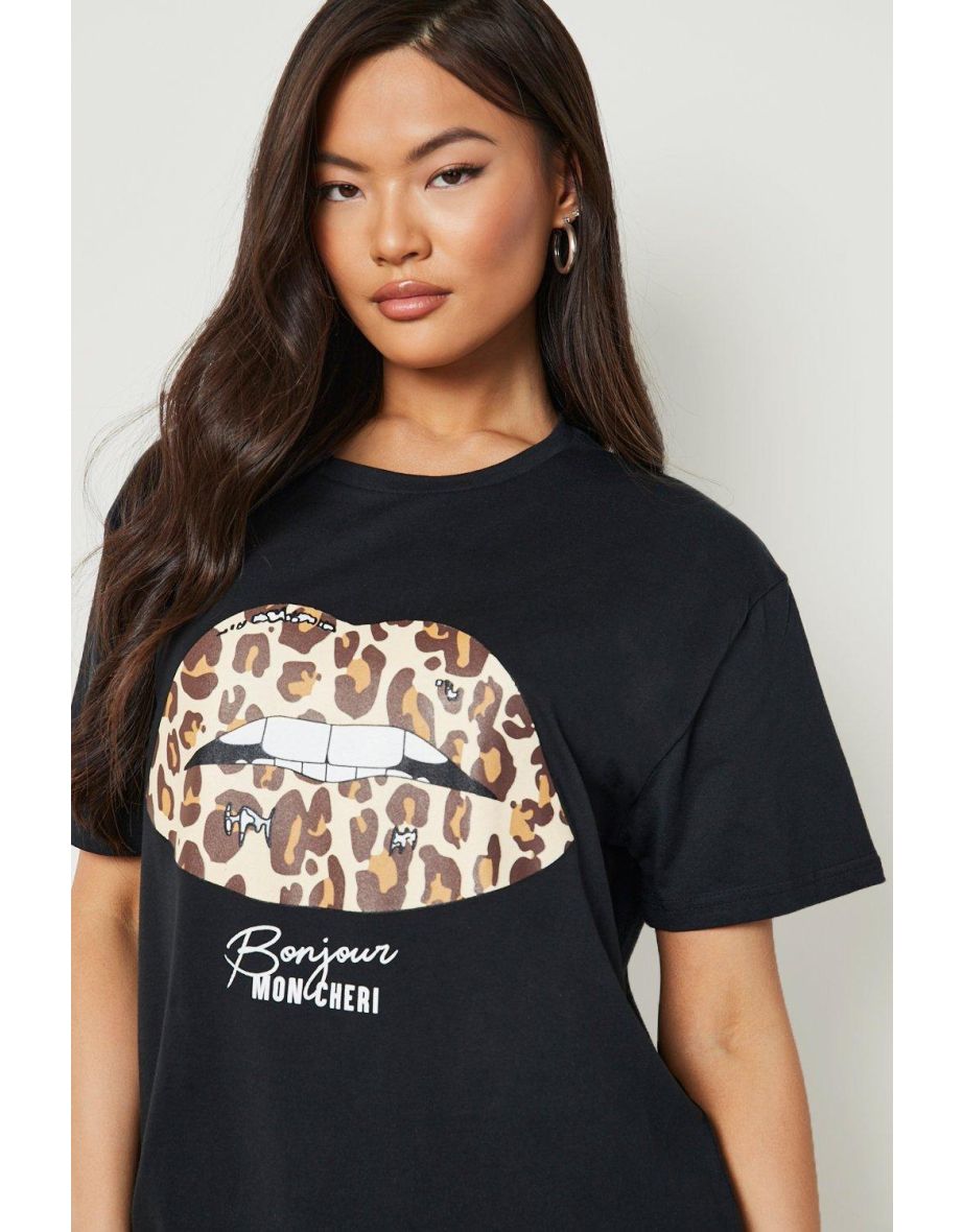 Leopard Lips Slogan T-Shirt - black - 3