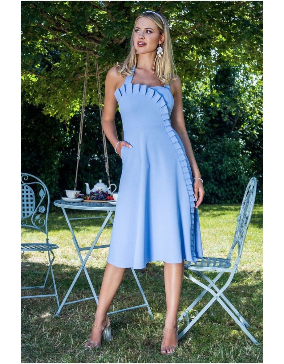 Goddiva Frilled Halter Neck Strap Midi Dress - Cornflower Blue