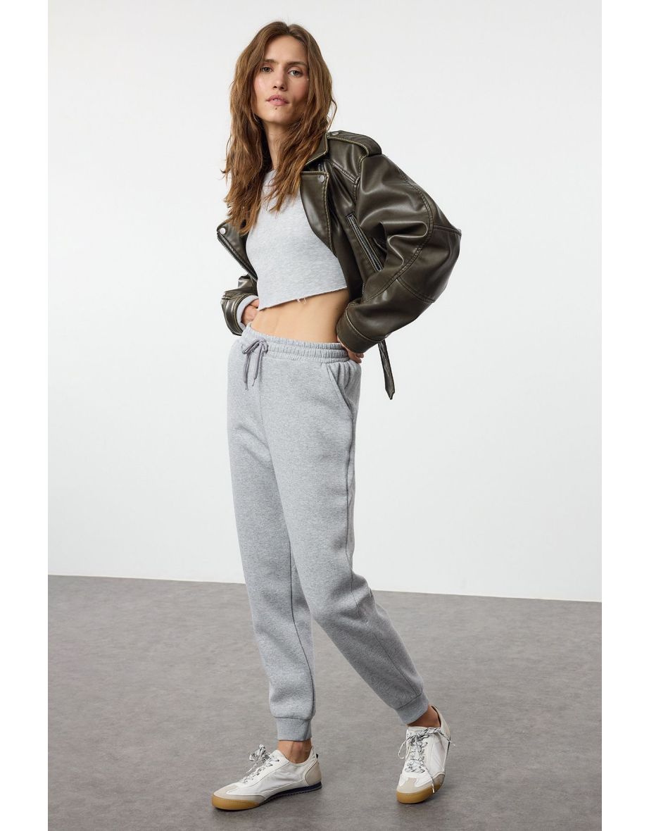Gray Melange Loose Jogger Normal Waist Thick Knitted Sweatpants
