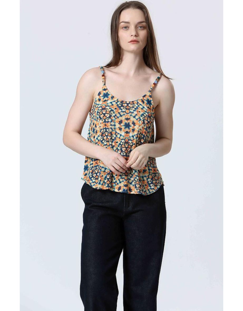 Floral Print Tank Top with Round Neck and Shoestring Straps