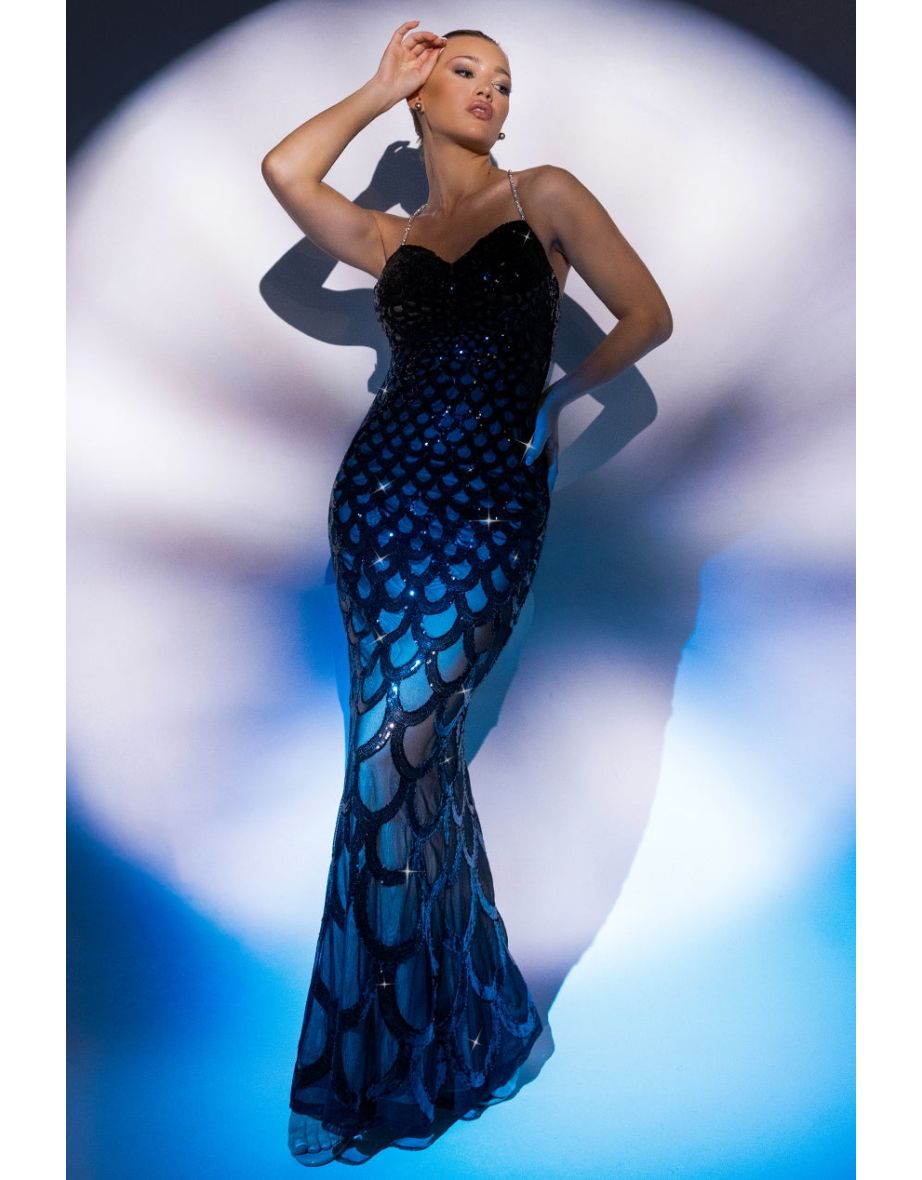 Goddiva Diamante Strap Fish Scale Sequin Maxi Dress - Black - 4