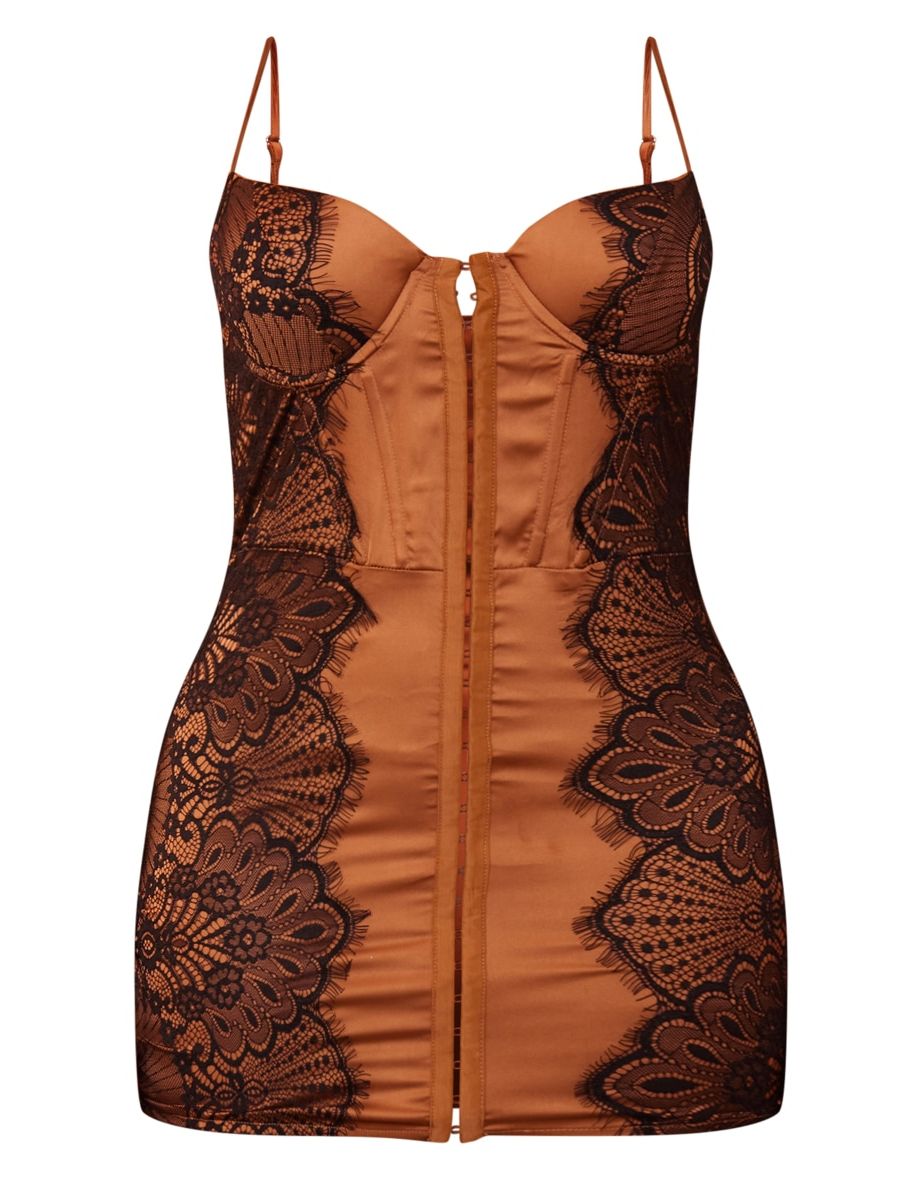 Shape Mocha Satin Lace Insert Hook And Eye Bodycon Dress - 4