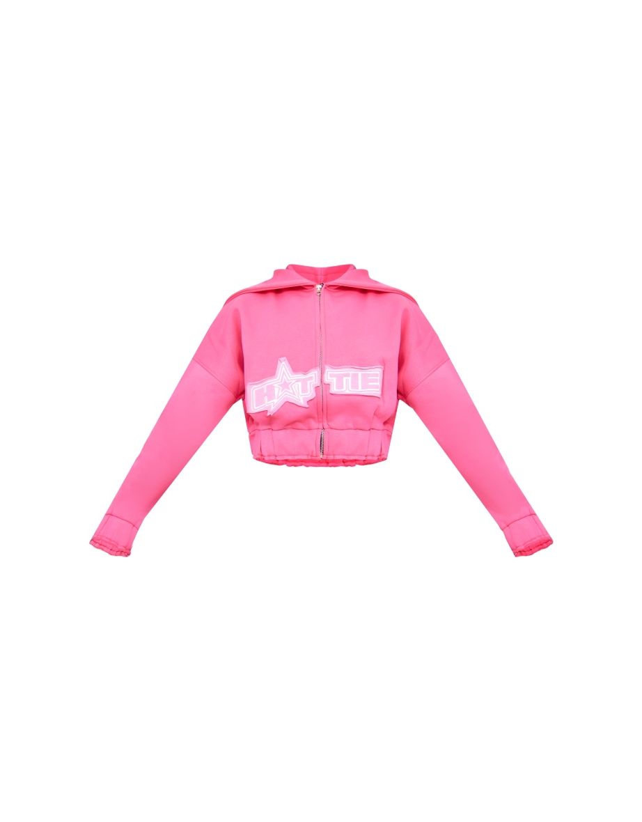 Pink Hottie Applique Zip Through Cropped Hoodie - 4