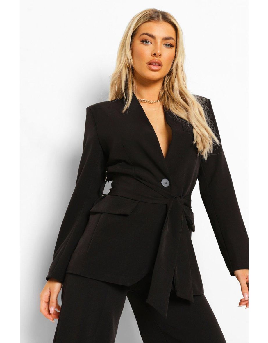 Tie Waist Longline Blazer - black - 3