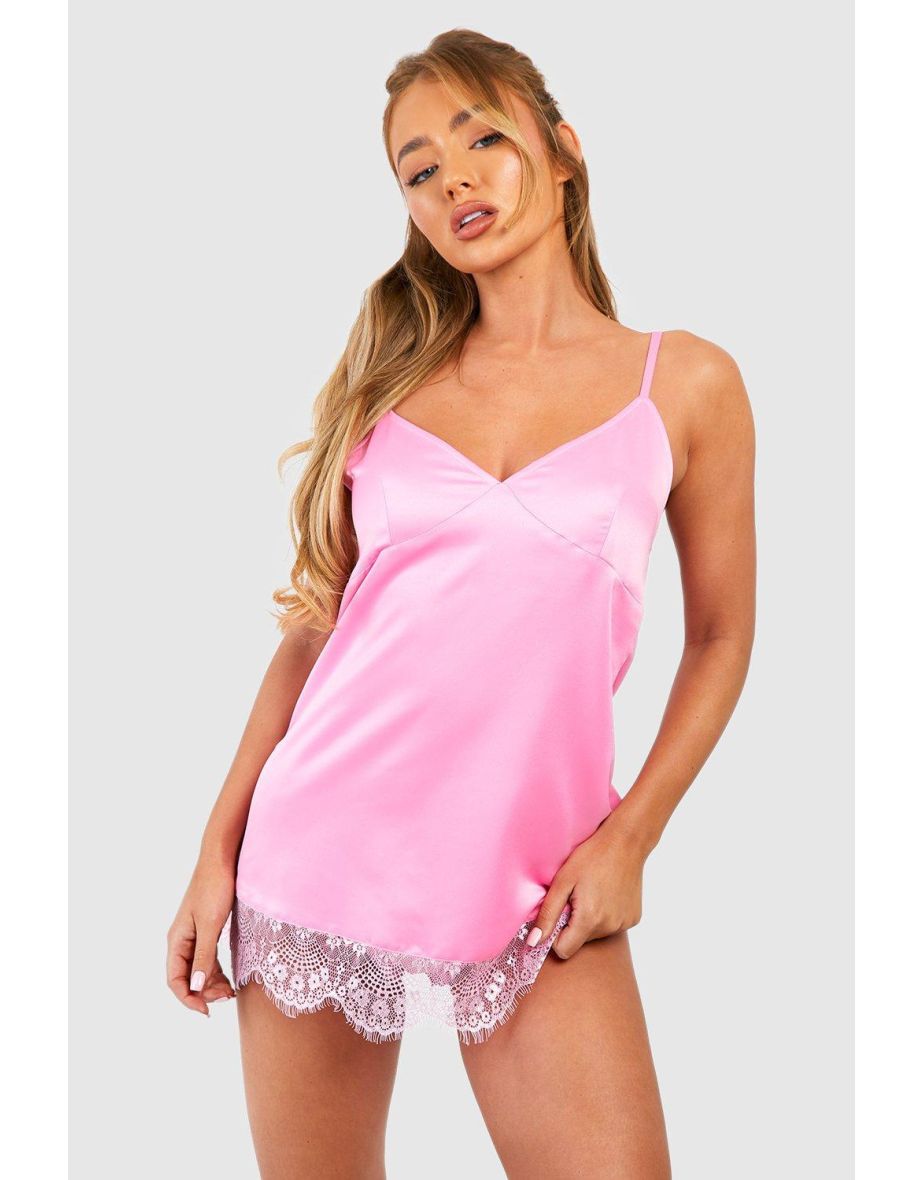 Valentine's Satin Lace Trim Night Dress - pink - 3