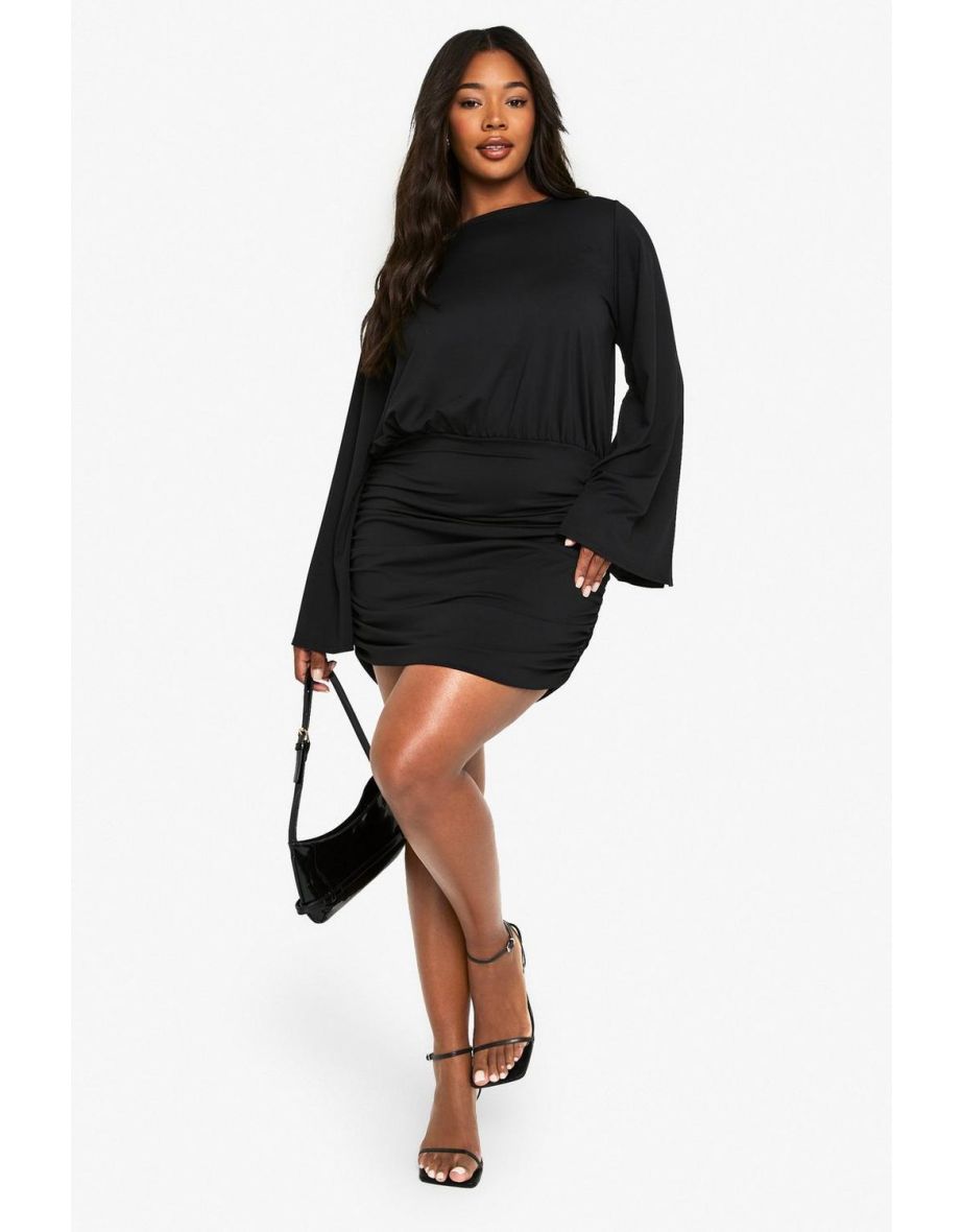 PLUS PREMIUM DRAPED batwing mini dress - black