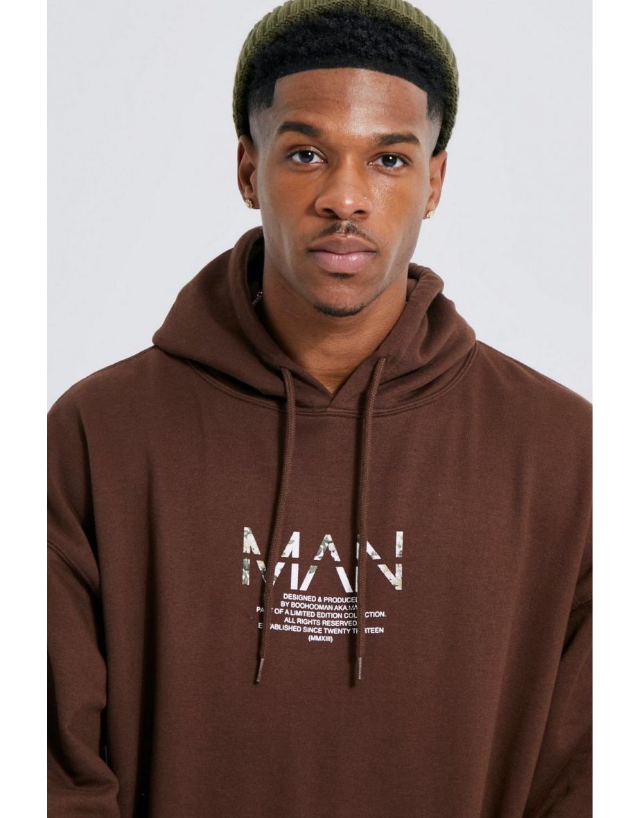 Oversized Man Floral Print Hoodie - chocolate - 2