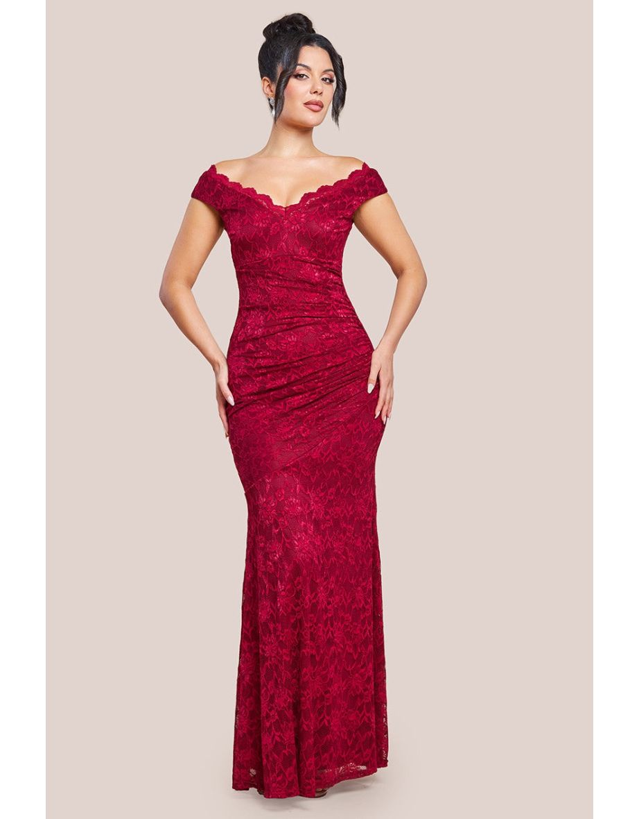 Goddiva Off The Shoulder Scalloped Neck Maxi Dress - Wine