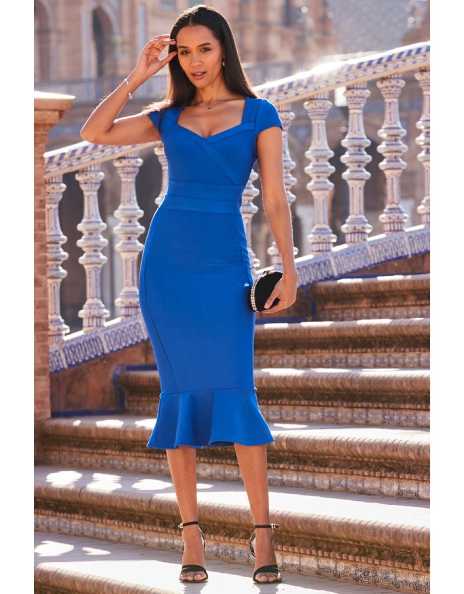 Cobalt Blue Premium Fluted Hem Bandage Jersey Dress - 4
