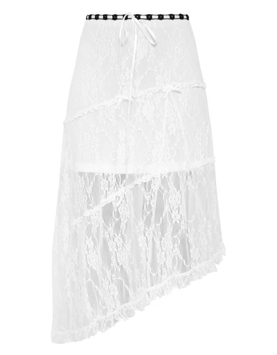 White Lace Contrast Waist Asymmetric Hem Midi Skirt - 4