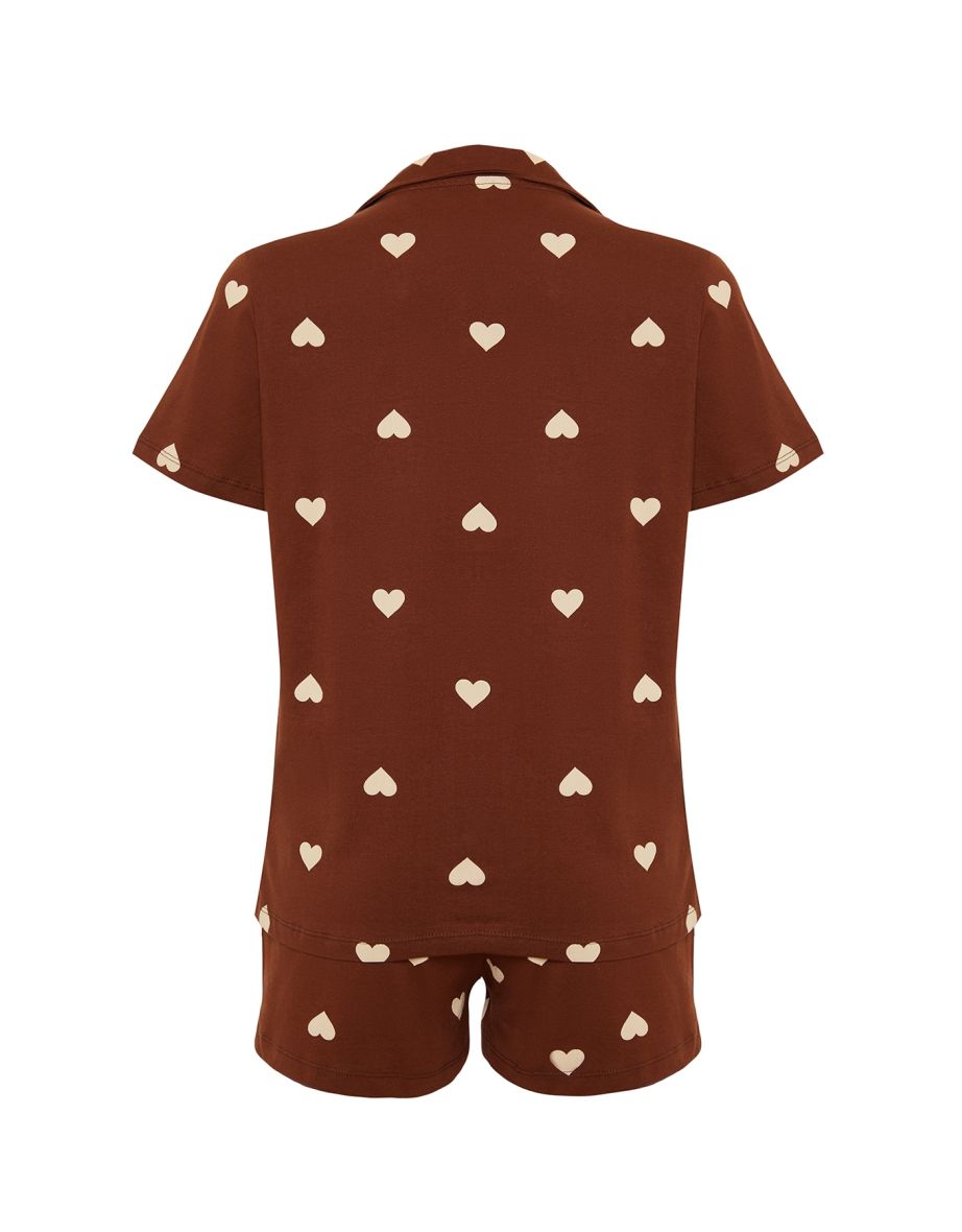 Brown 100% Cotton Heart Patterned Shirt-Shorts Knitted Pajama Set - 7