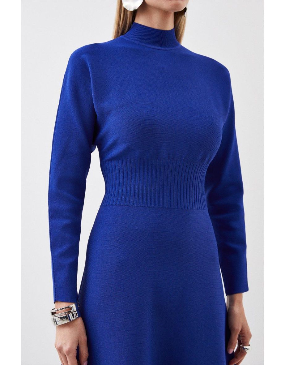 Blue A-Line Midi Skater Dress with Long Sleeve - 2