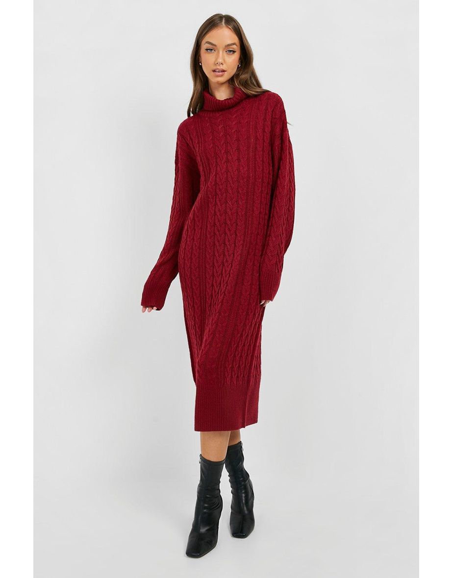 Cable Knit Roll Neck Midi Dress - dark red