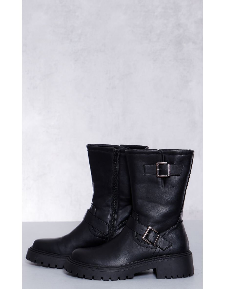 Black Buckle Detail Mid Calf Chunky Ankle Boots - 3
