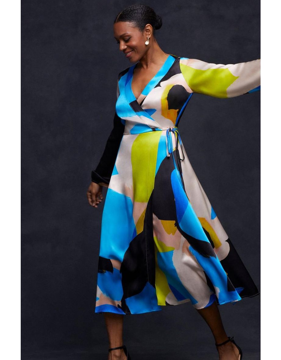 Abstract Satin Wrap Midi Dress