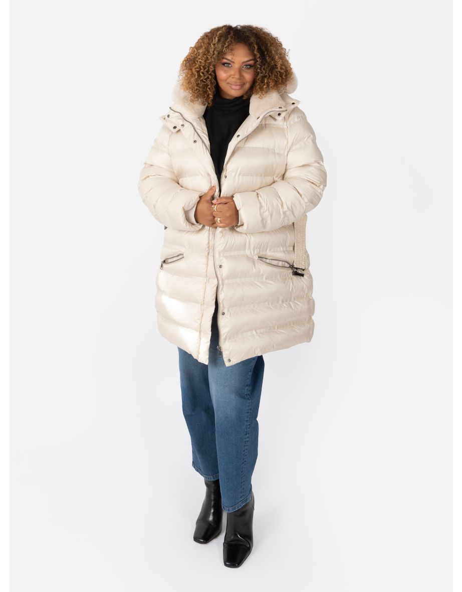 Shop Lovedrobe Stone Belted Puffer Coat with Removable Faux Fur Hood Online in Bahrain VogaCloset