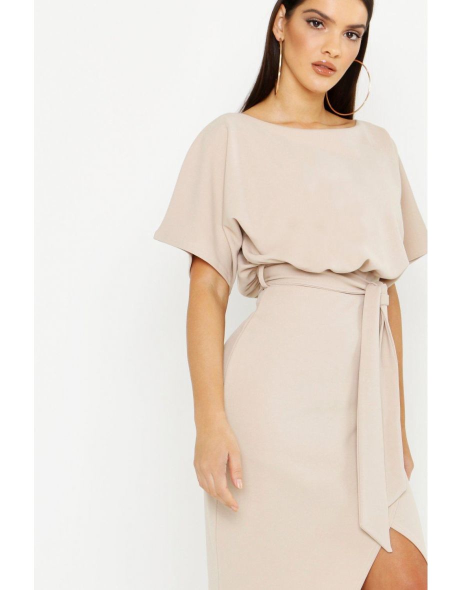 Slash Neck Tie Waist Midi Dress - stone - 3