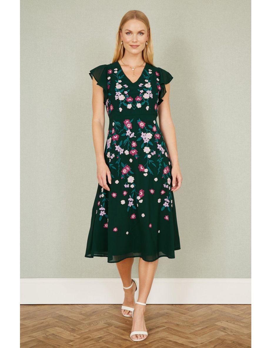 Yumi Green All Over Floral Embroidery Midi Skater Dress