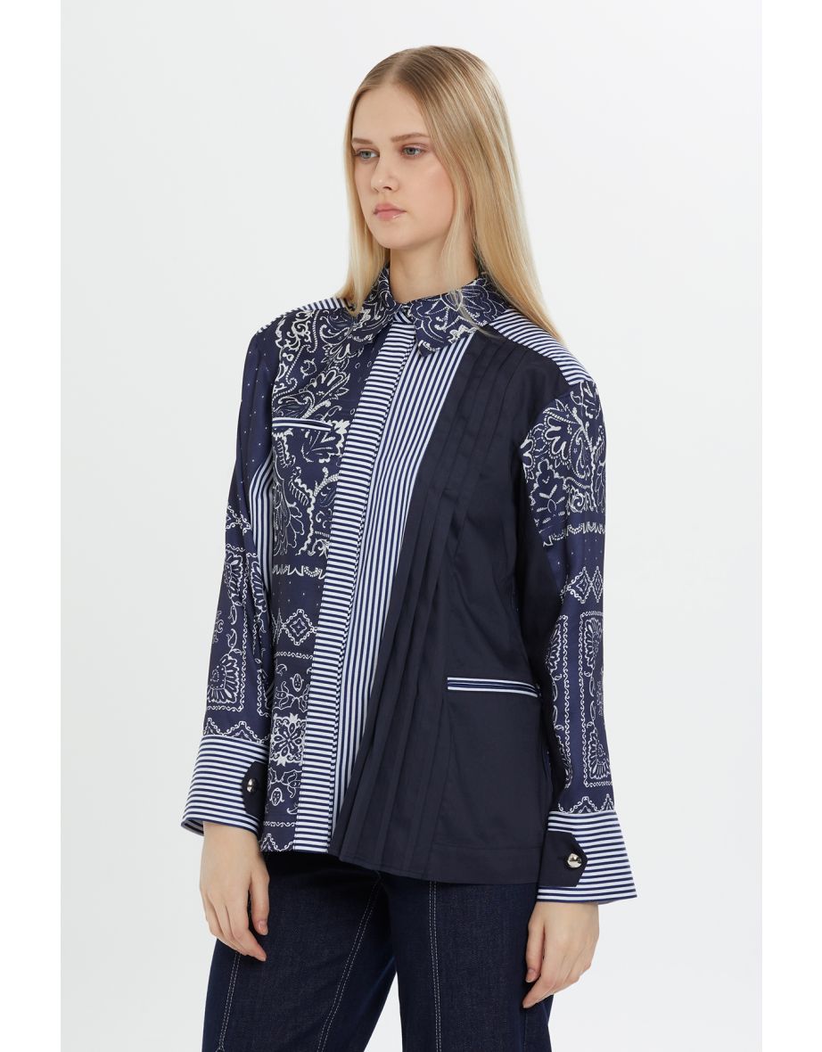Contrasting Detail Slit Right Side Pleated Left Navy Shirt