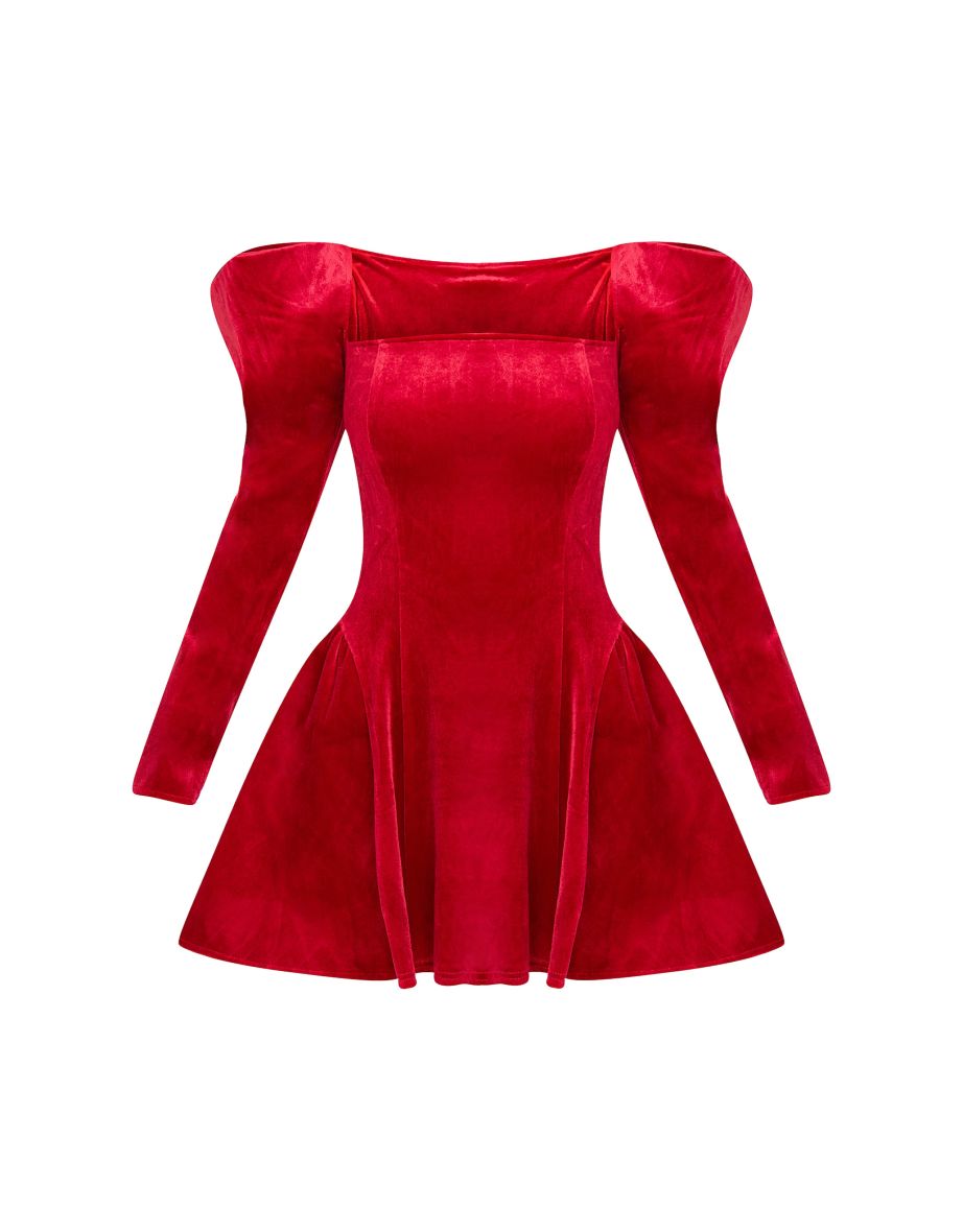 Red Velvet Extreme Puff Sleeve Skater Dress - 4