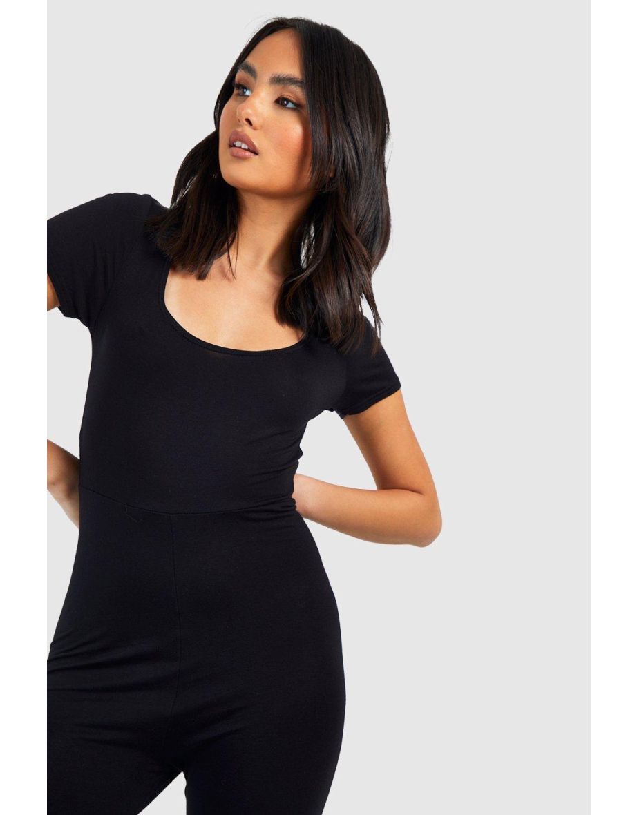Basic Scoop Neck Cap Sleeve Unitard Jumpsuit - black - 3