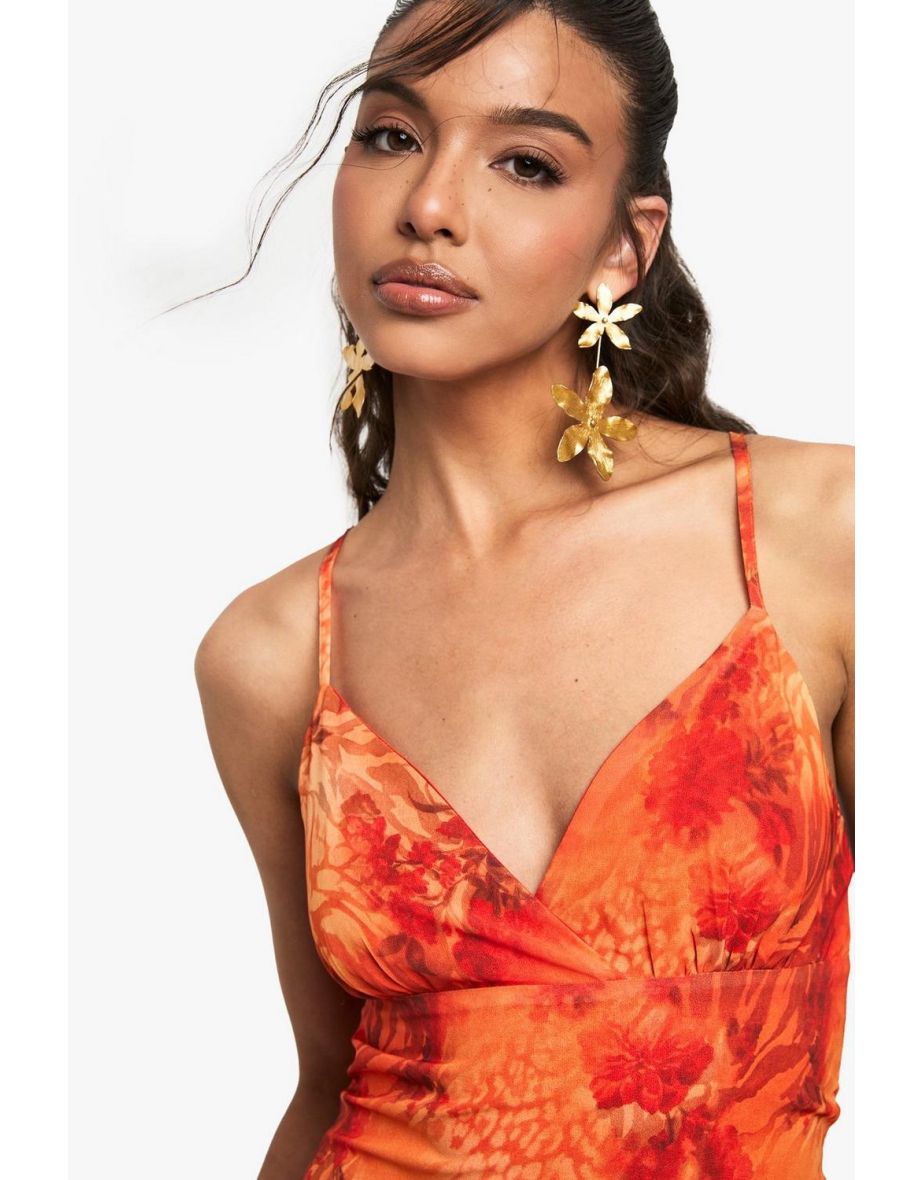 Chiffon Floral Print Strappy Top - orange - 3