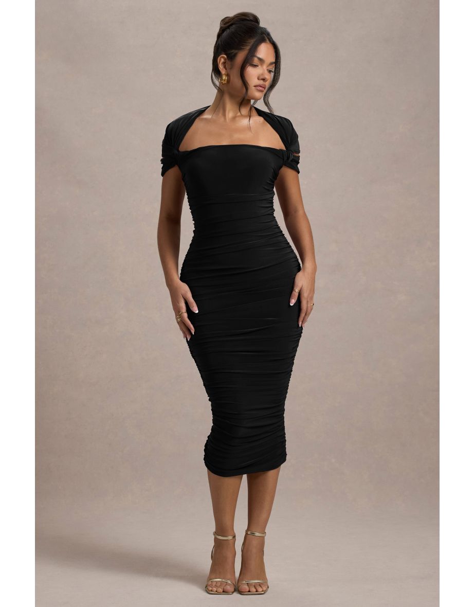 Paxos | Black Ruched Short-Sleeve Midi Dress