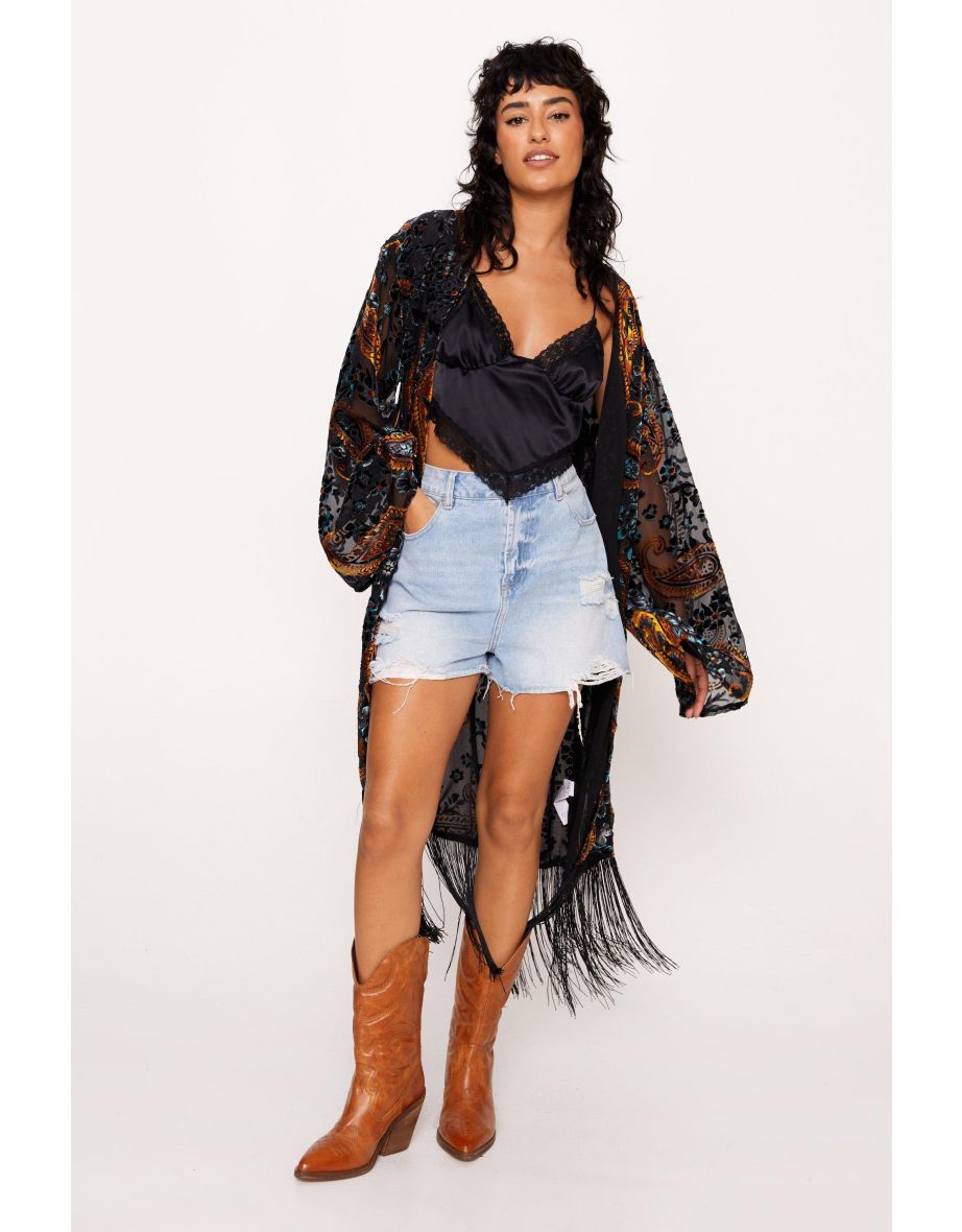 Paisley Devore Fringed Kimono