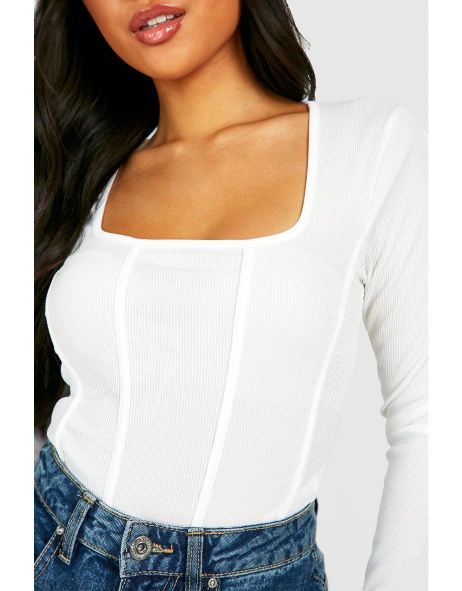 Petite Rib Corset Bodysuit - white - 3