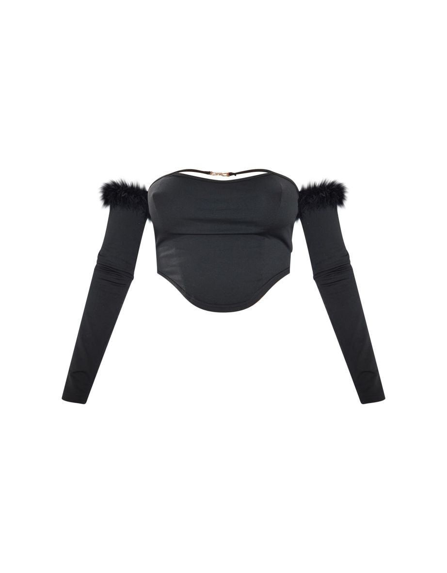 Black Bardot Long Sleeve Feather Trim Crop Top - 4