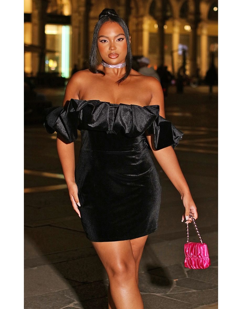 Black bardot hot sale ruffle dress