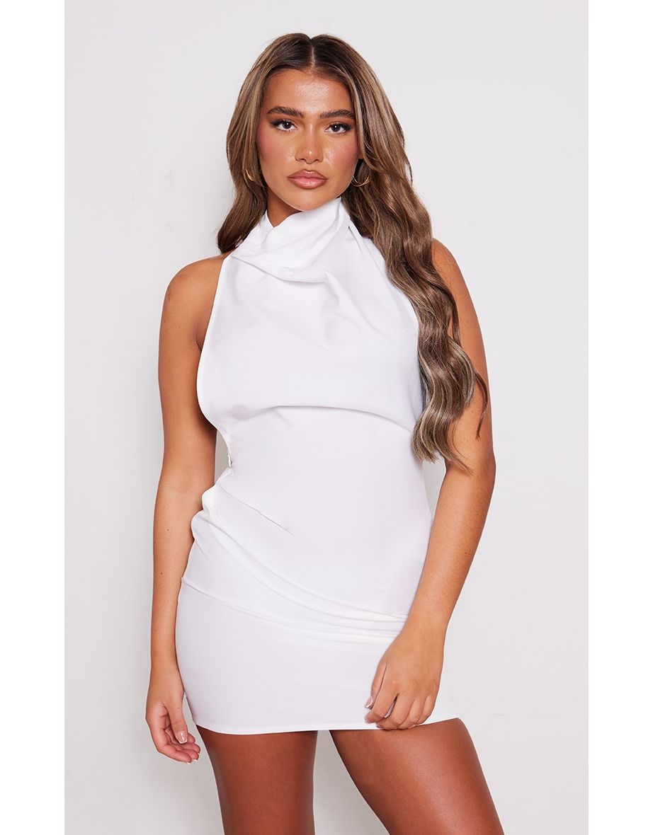 White High Neck Cowl Backless Bodycon Dress