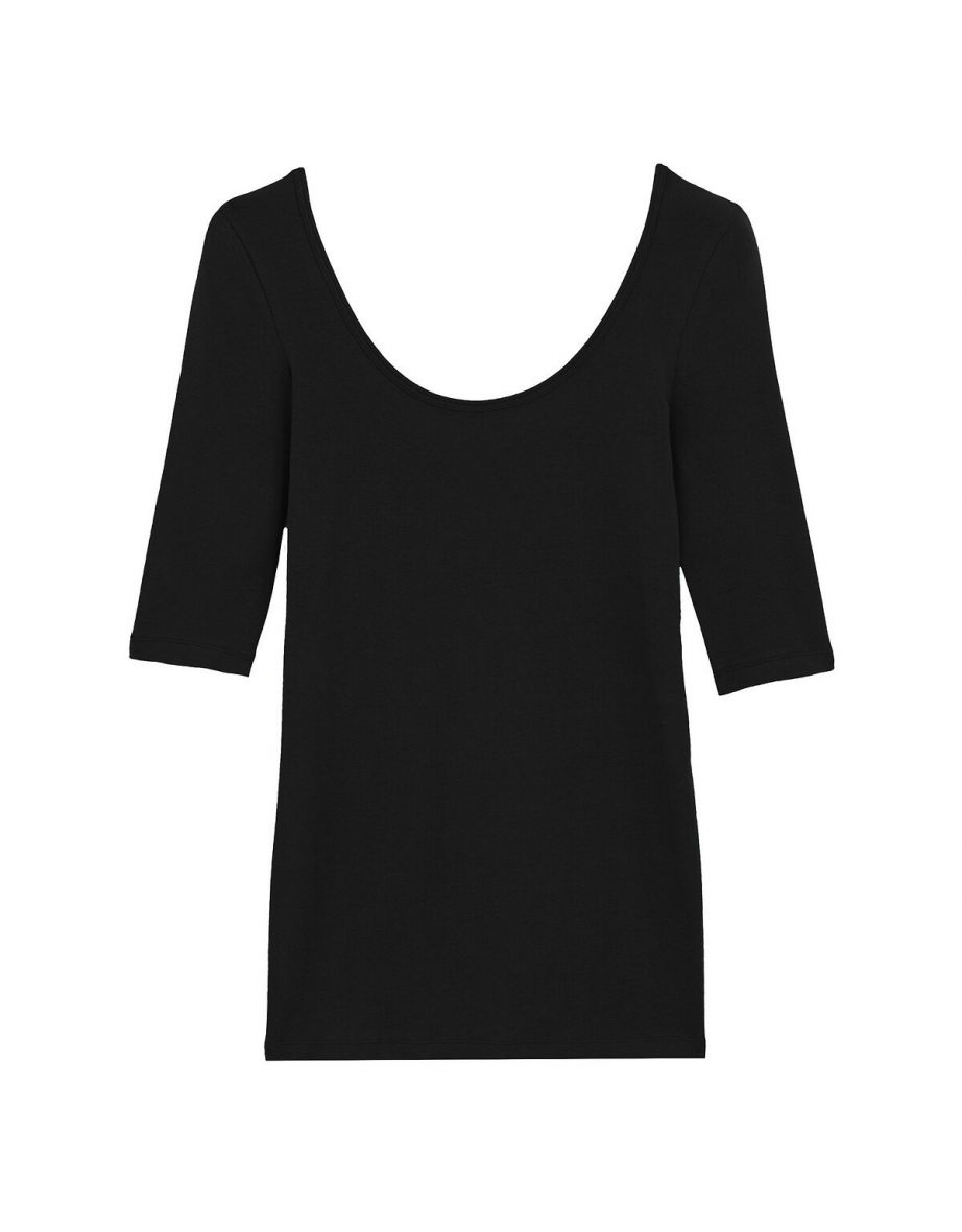 Basic Cotton T-Shirt with Scoop Neck and 3/4 Length Sleeves - 4