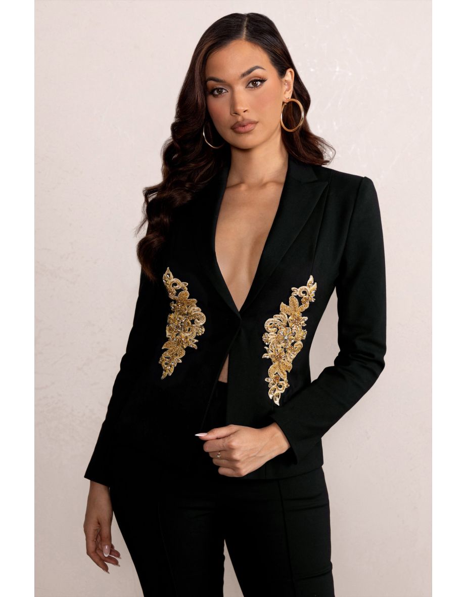 Lissa | Black Fitted Blazer with Gold Embroidery Waist Detail - 4