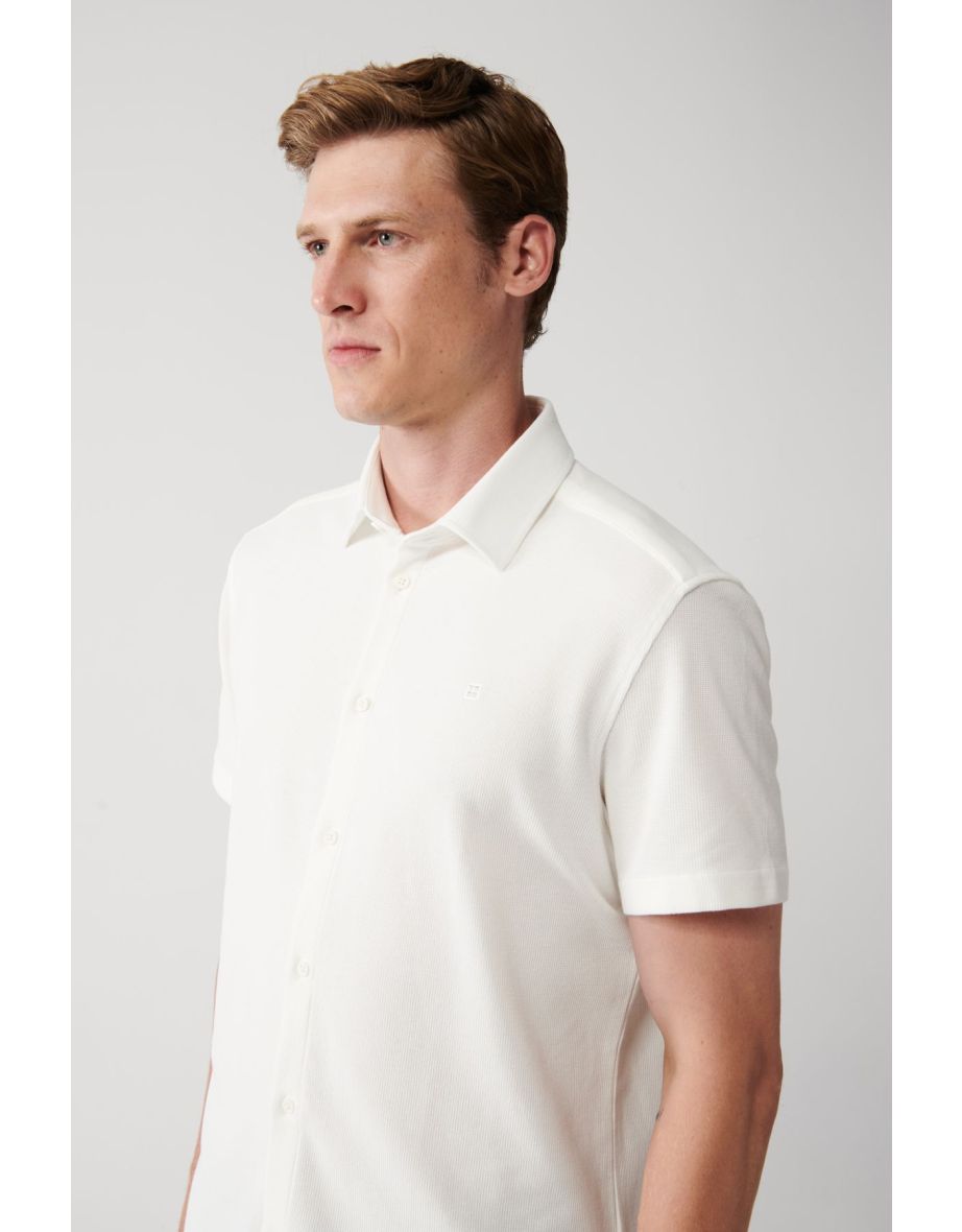 Men's White Easy-to-Iron Classic Collar Knitted Lycra Cotton Slim Fit Slim Fit Short Sleeve Shirt - 4
