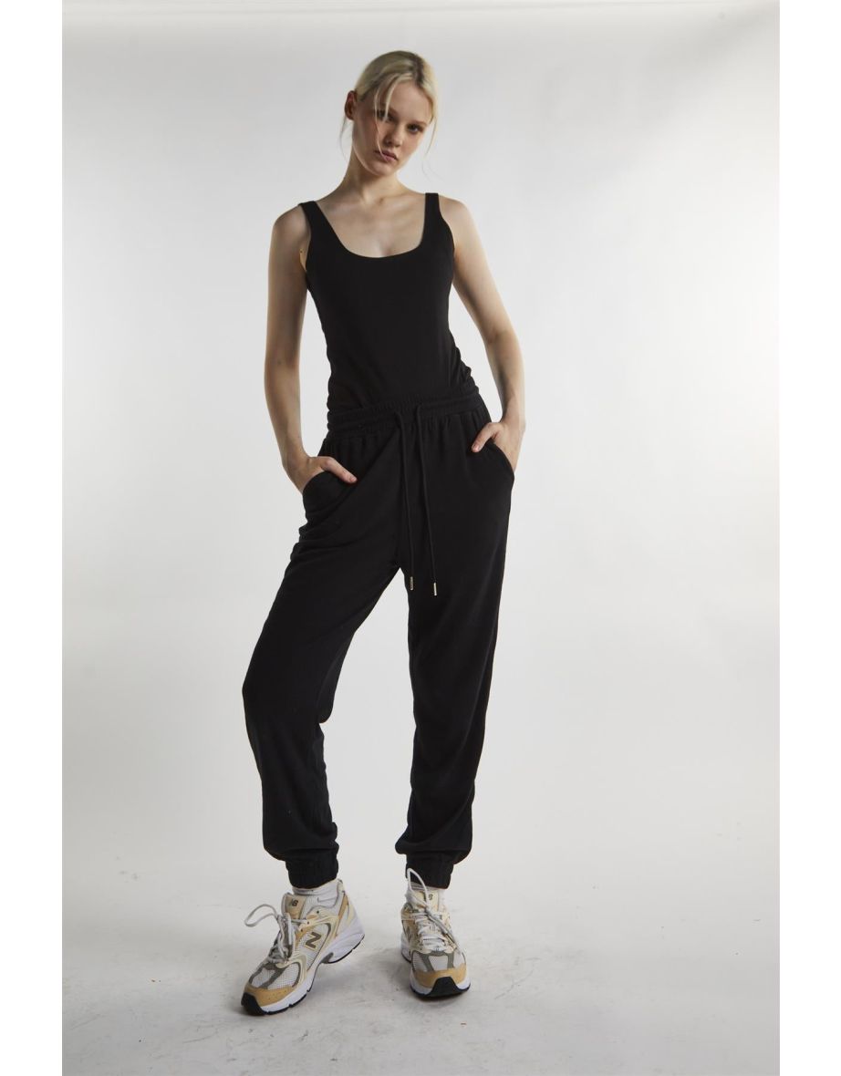 Black-Towelling High-Waisted Cuffed Joggers
