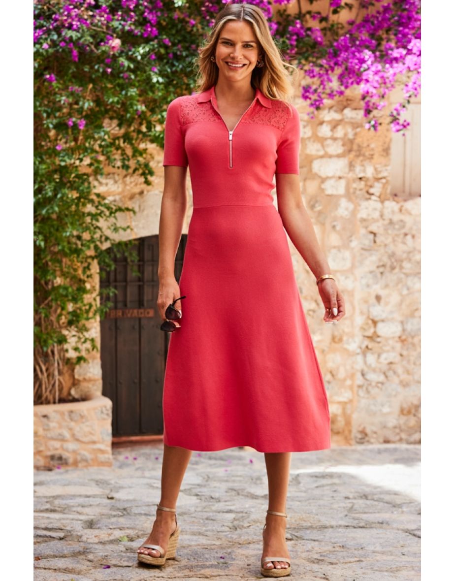 Shop Coral Knit Fit Flare Dress With Lace Detail Online in Bahrain VogaCloset