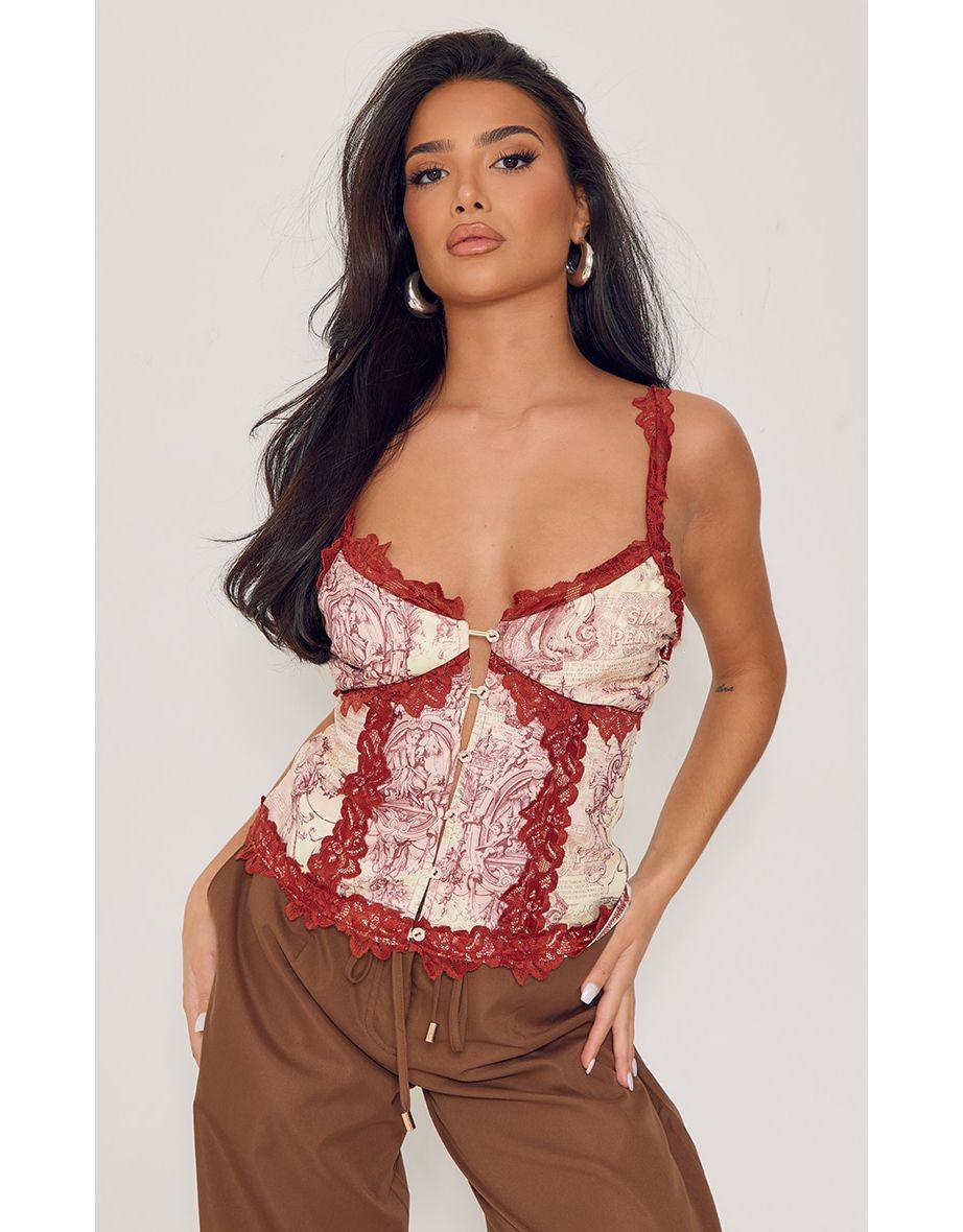 Petite Rust Renaissance Print Lace Trim Button Cami