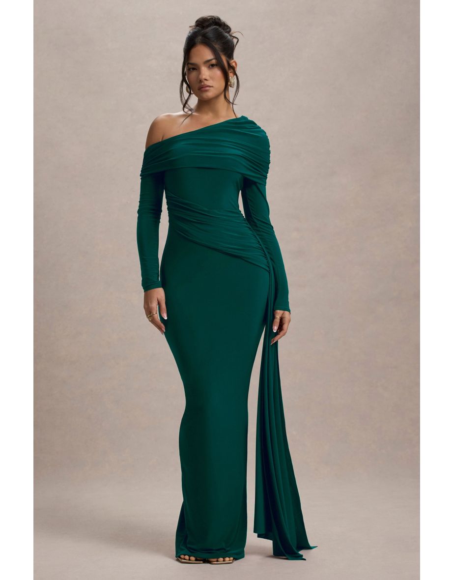 Valina | Green Ruched Asymmetric Maxi Dress With Drape