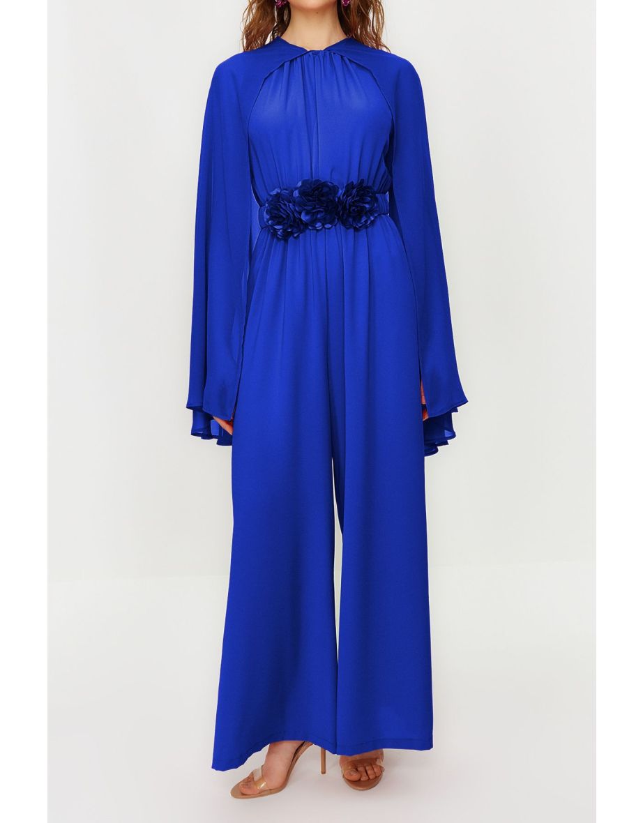 Satin Evening Jumpsuit with Flower Belt and Chiffon Cape