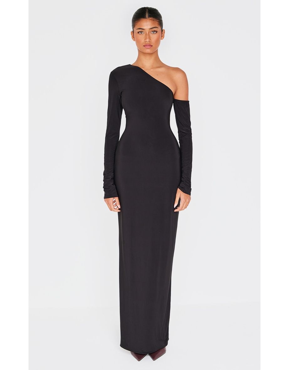 Black Double Slinky Asymmetric Neck Long Sleeve Maxi Dress